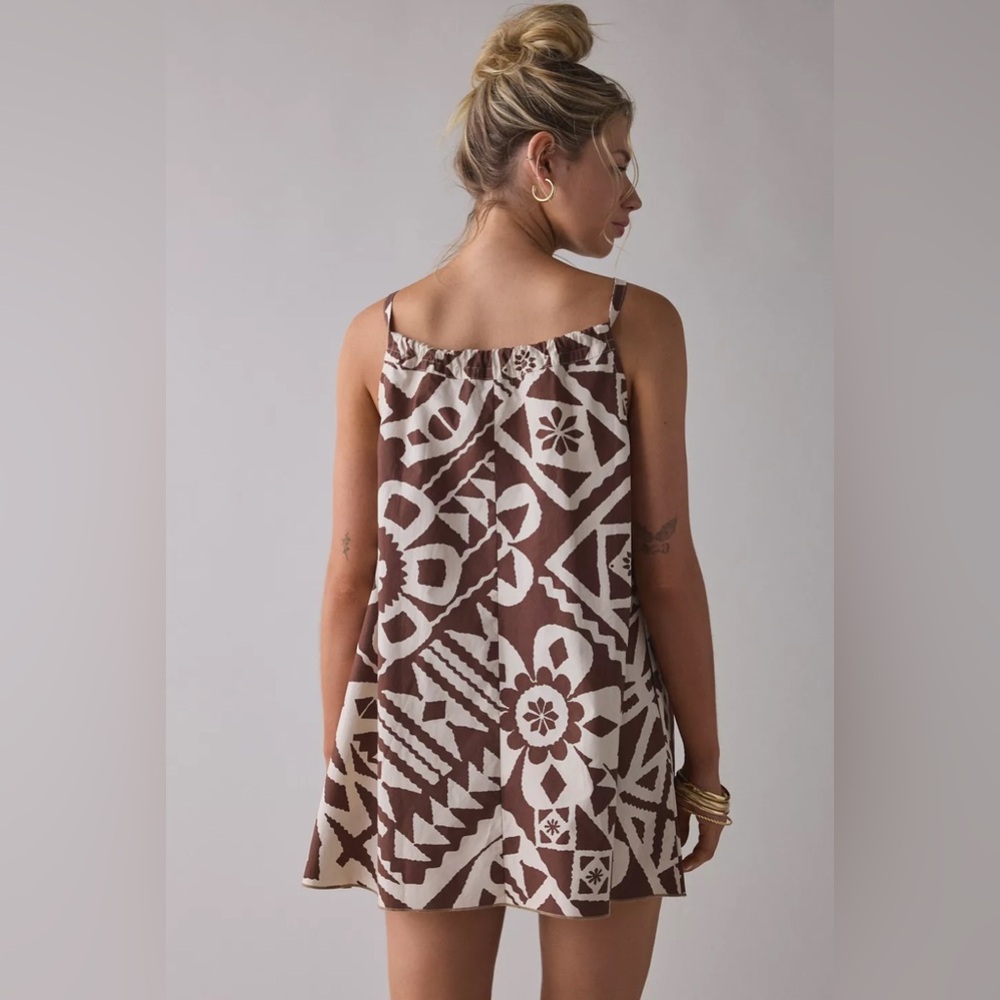 Urban Outfitters BDG Eva Tie-Front Ruched Strap Trapeze Mini Dress Brown White - Picture 4 of 6